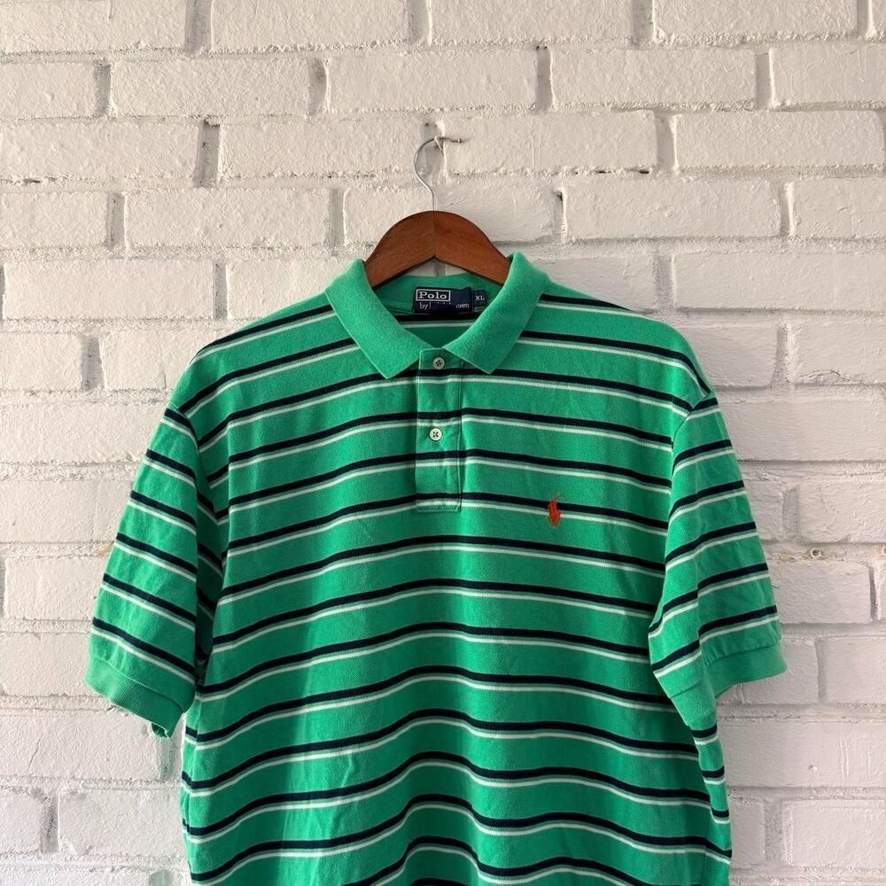 Vintage 90s Polo Ralph Lauren Green Black & White Striped Polo Shirt Size XL